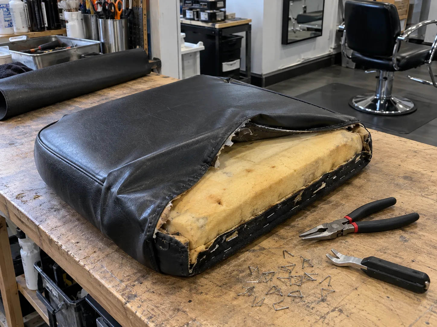 An old vinyl cover stripped from a styling chair seat