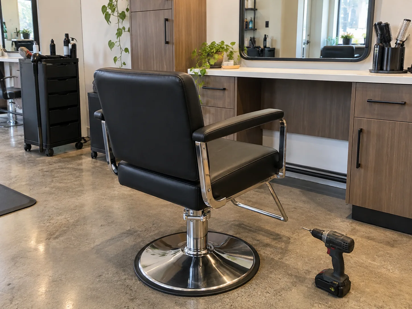A recovered styling chair bolted back onto its base at the station