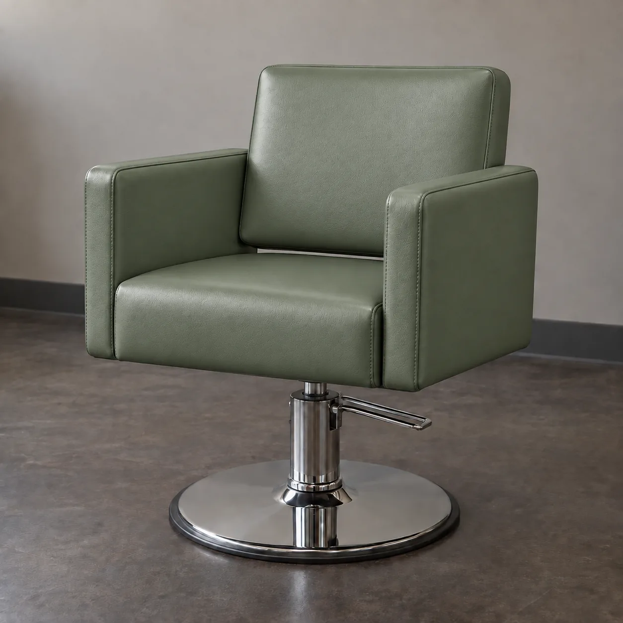 The same styling chair in sage green vinyl