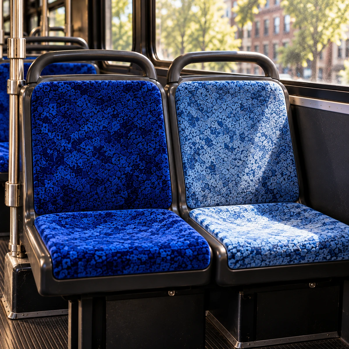 A sun-faded window-side bus seat next to a darker one