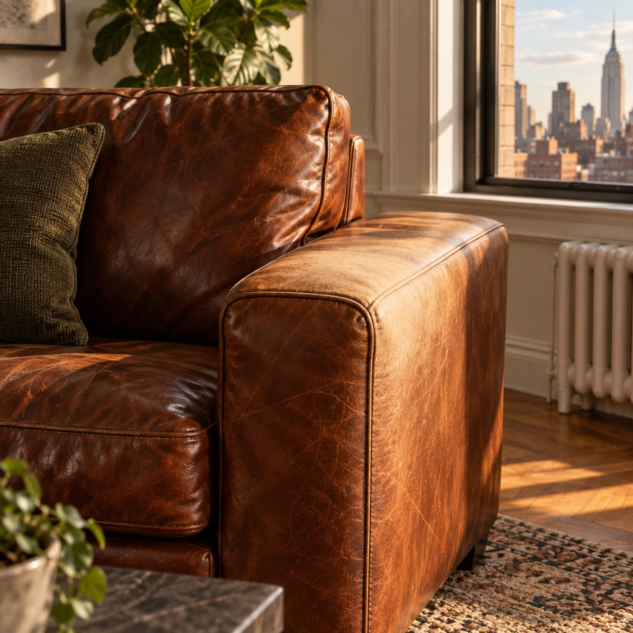 A leather sofa arm faded pale where the sun falls on it