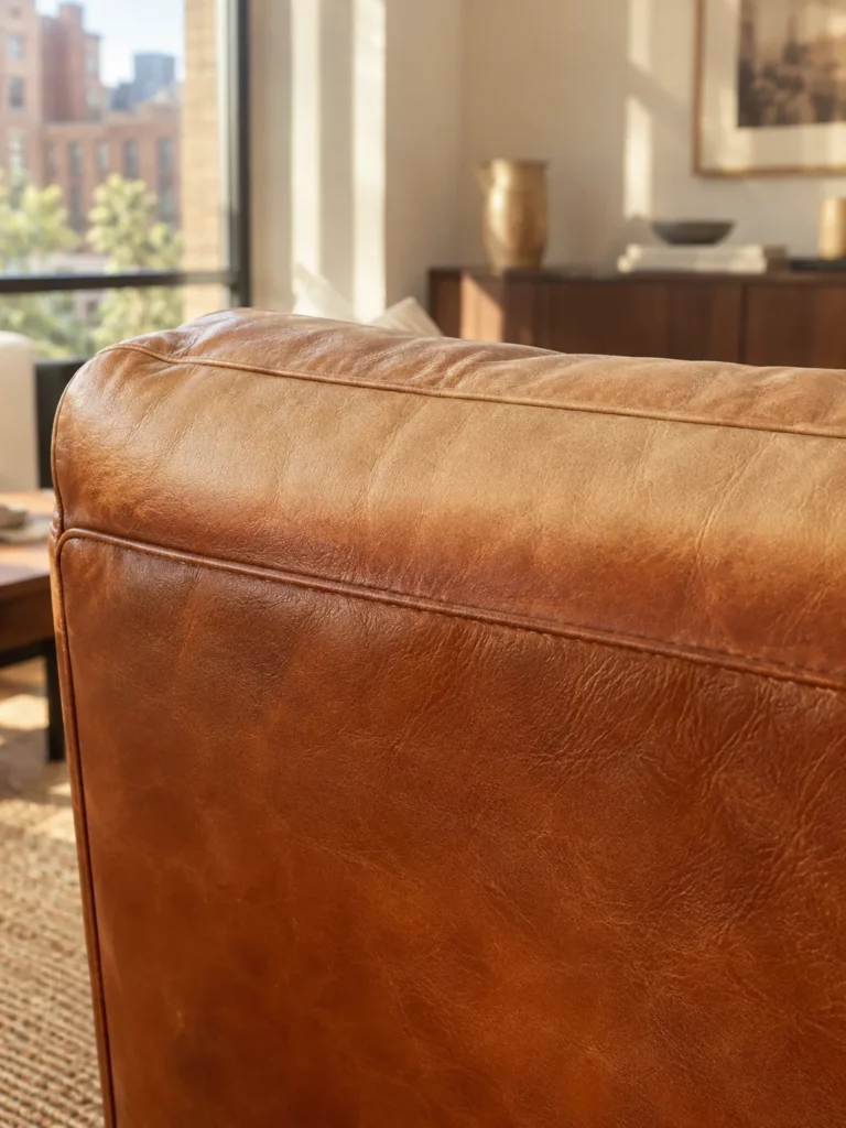 Leather sofa back faded by sun from a listing window