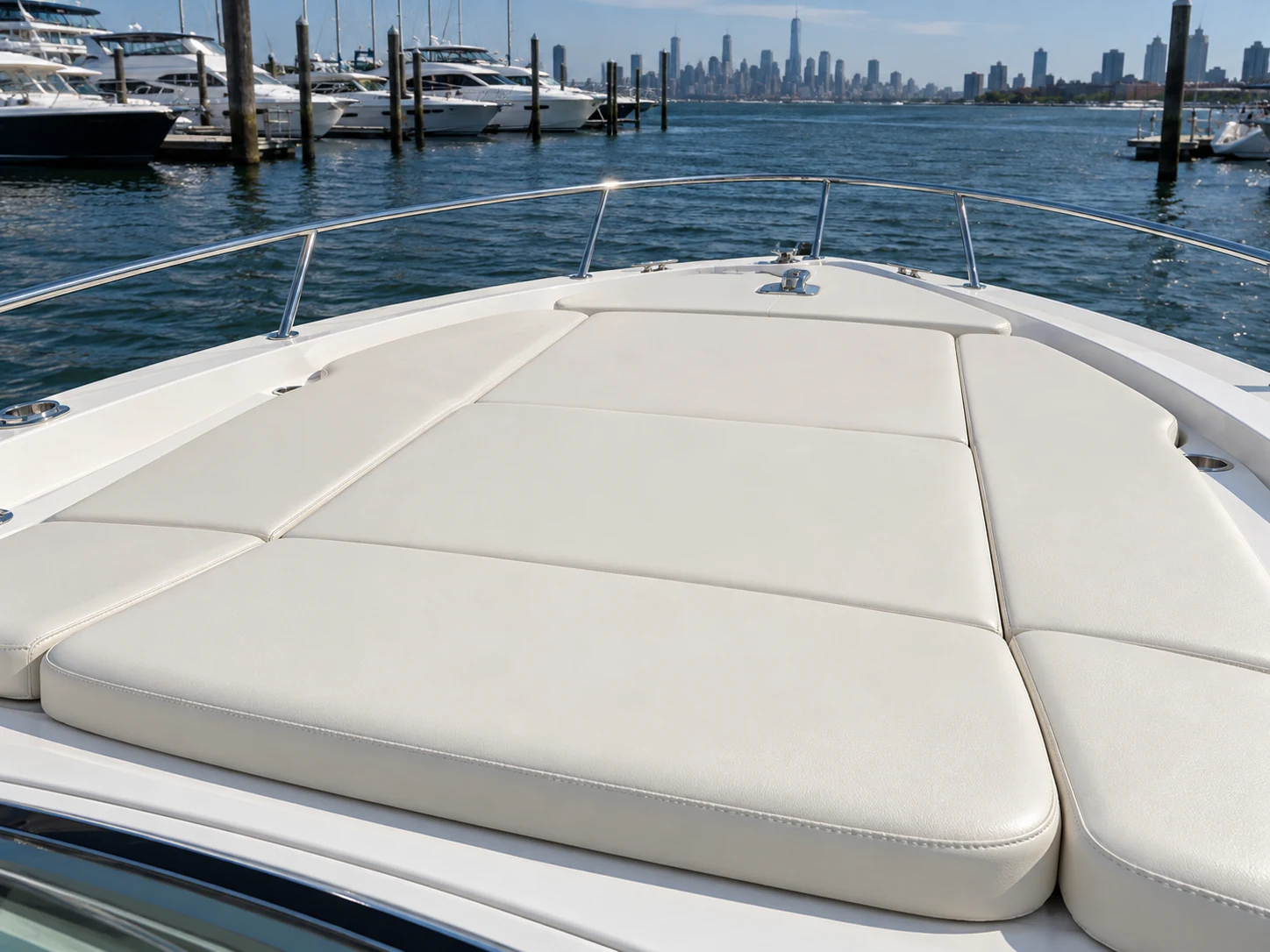 Sun pad cushions on the bow of a boat