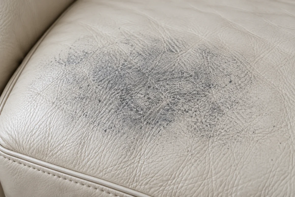 Grey soiling and body oils built up on a pale leather seat