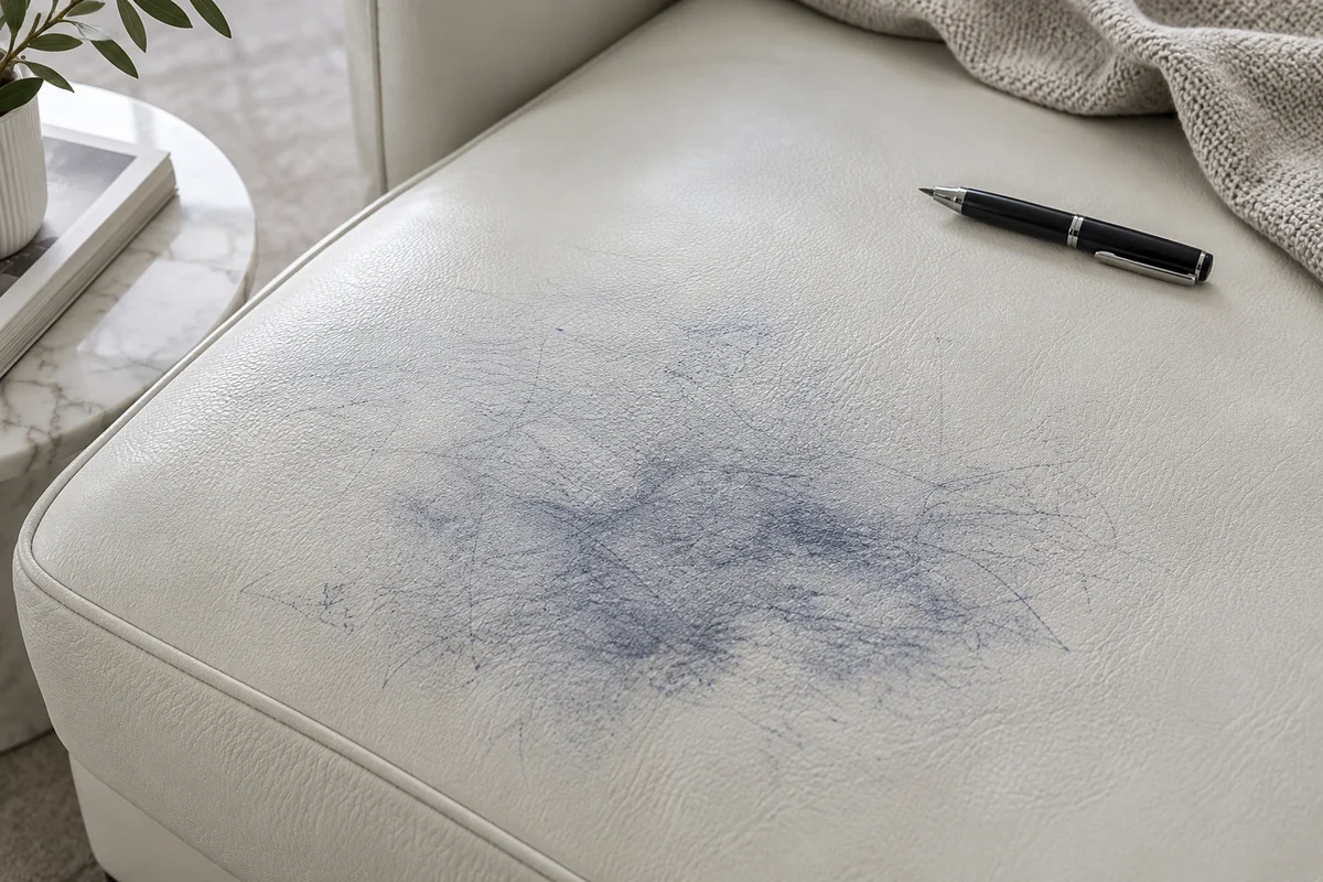 Leather dye transfer removal: heavy blue dye on the surface of a cream leather ottoman