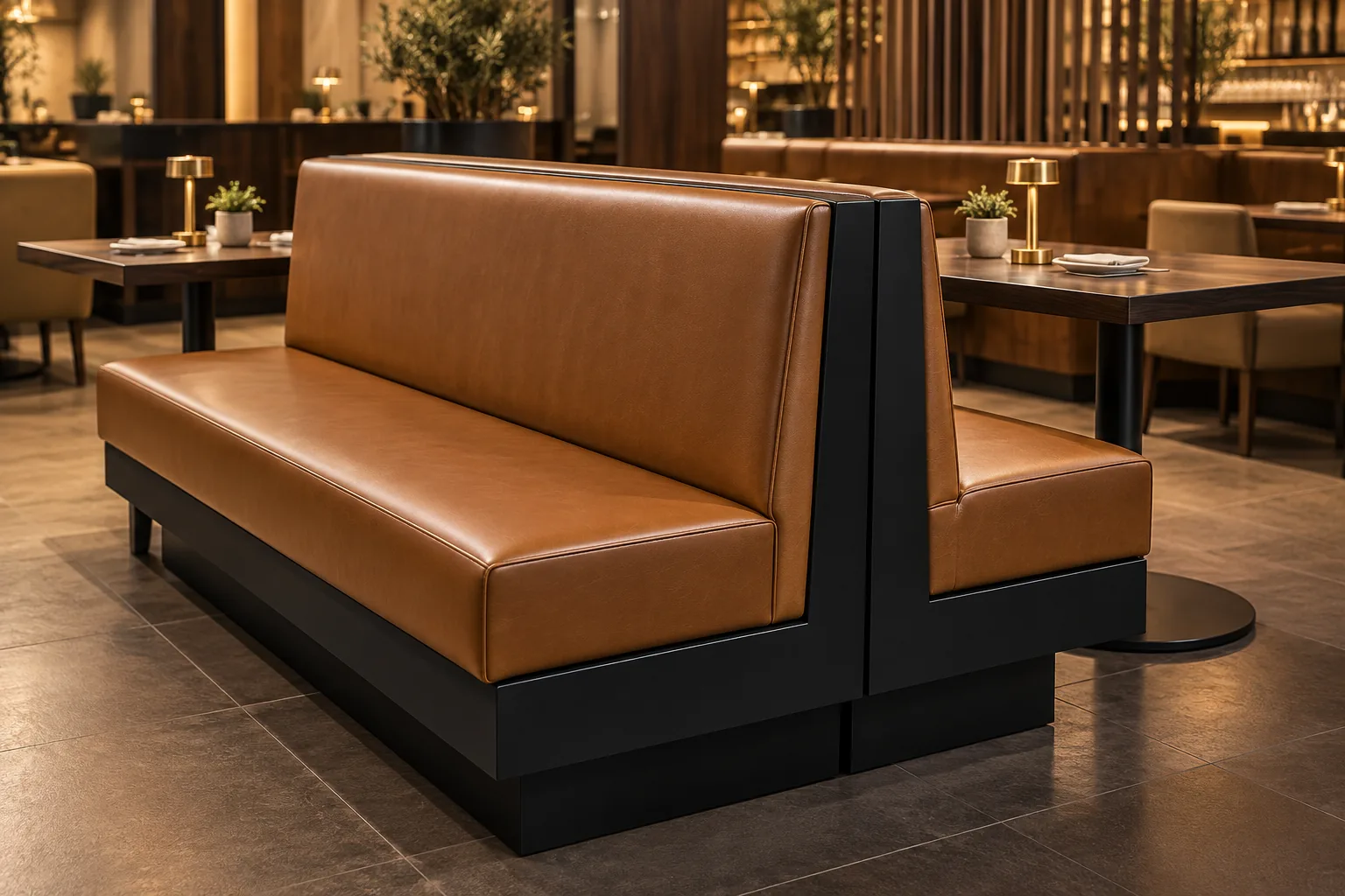 A back-to-back booth with an upholstered end panel