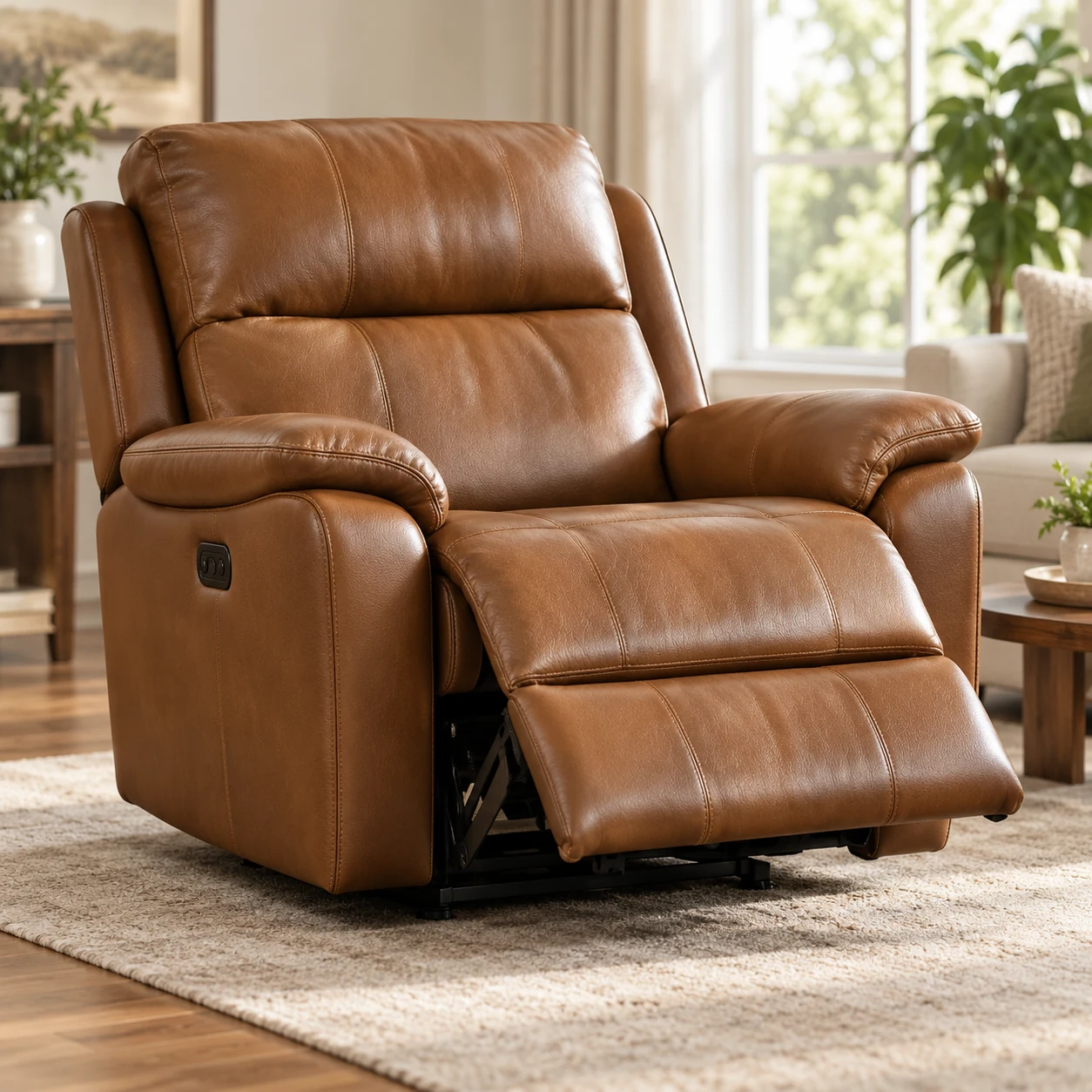 Tan leather power recliner with the footrest extended