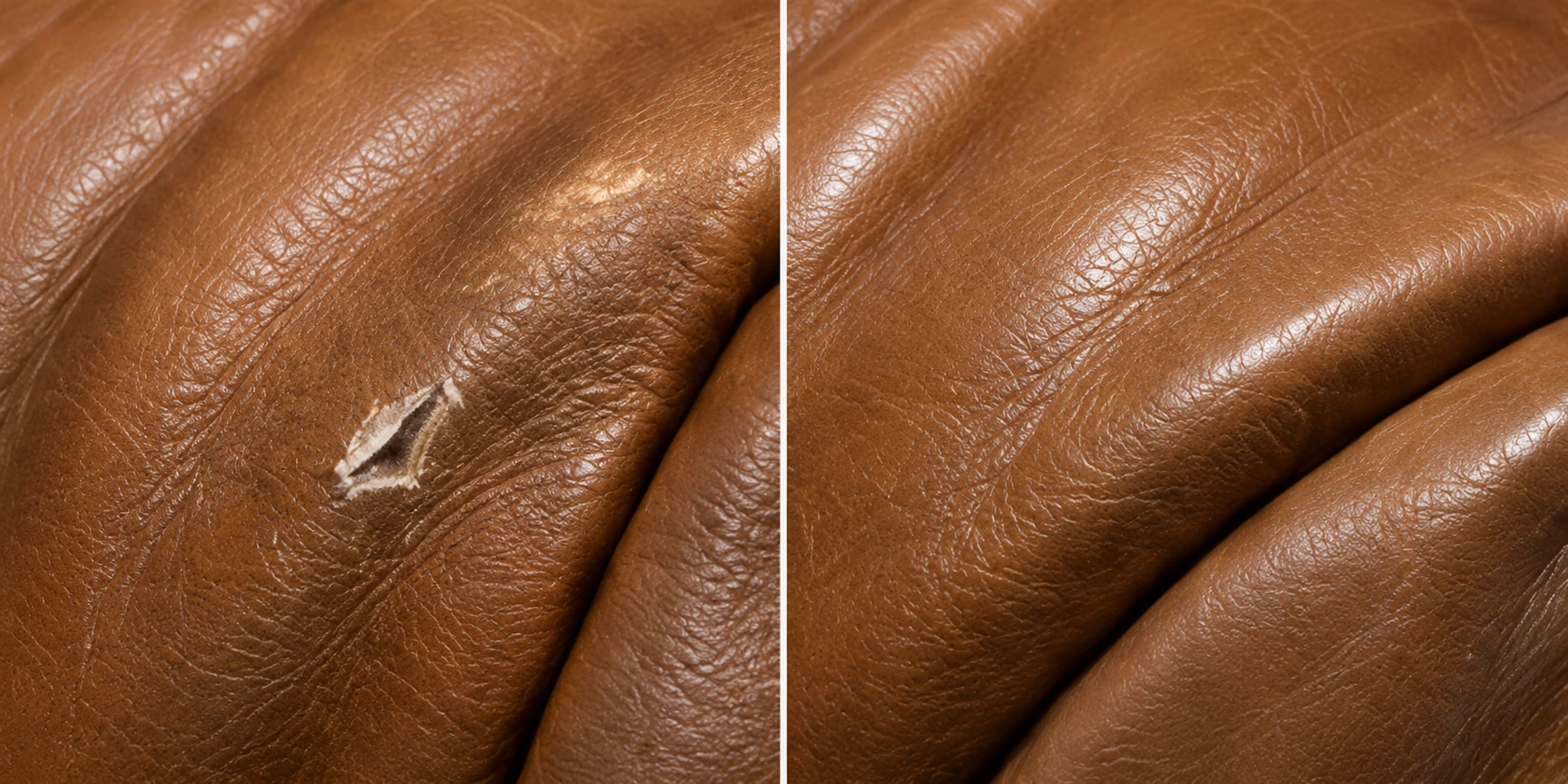Scuffed tan leather pleat before and after repair