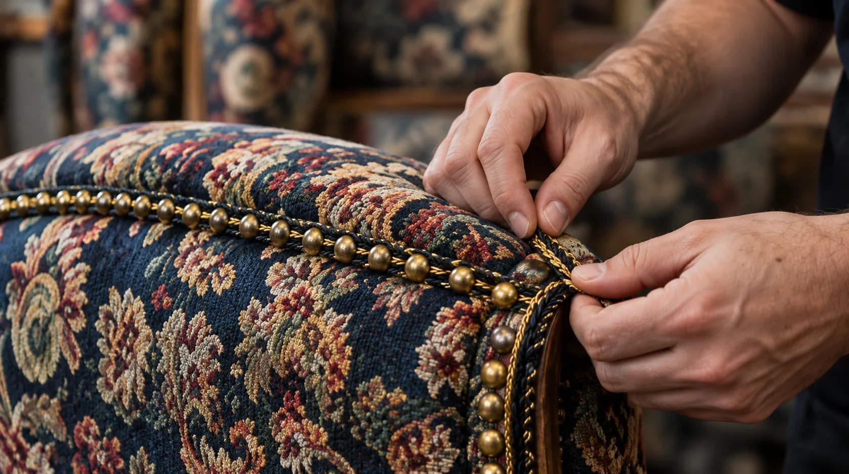 Hands re-fixing nailhead trim on a floral tapestry upholstered antique armchair