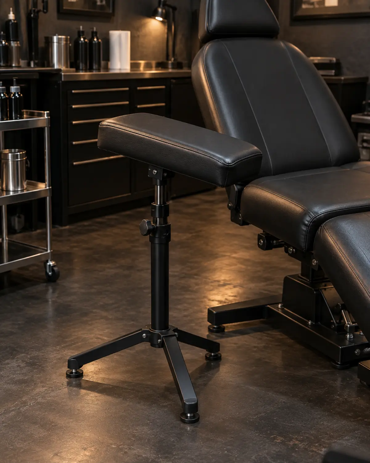 A padded black armrest on a stand beside a tattoo chair