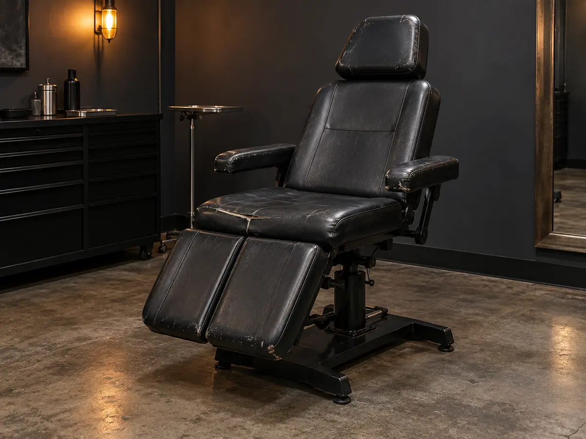 A tattoo chair before reupholstery