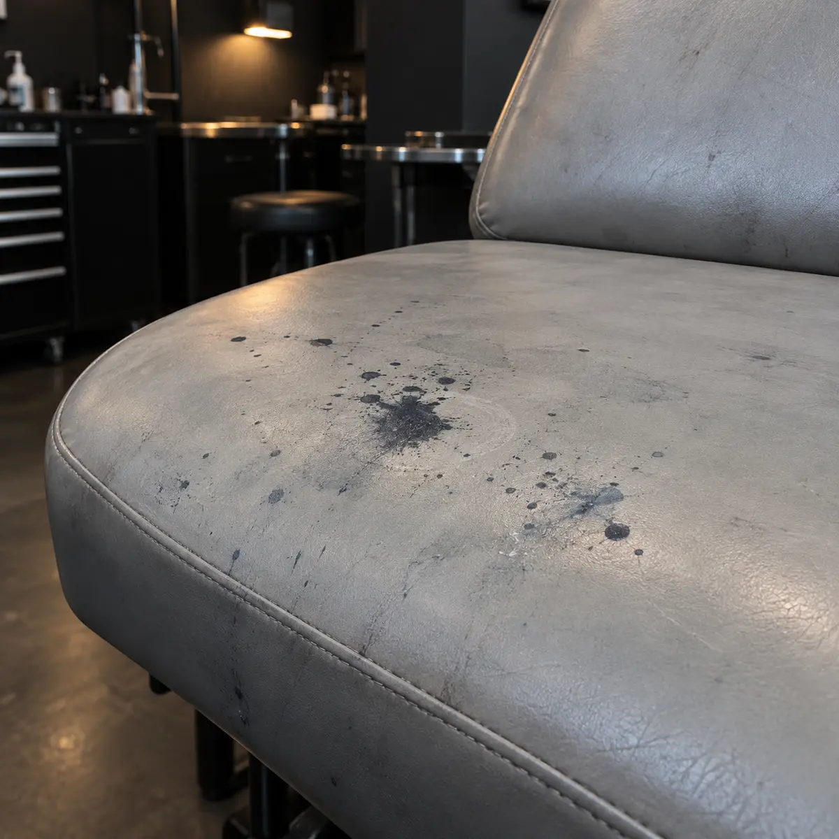 Ink pigment stains on grey tattoo chair vinyl