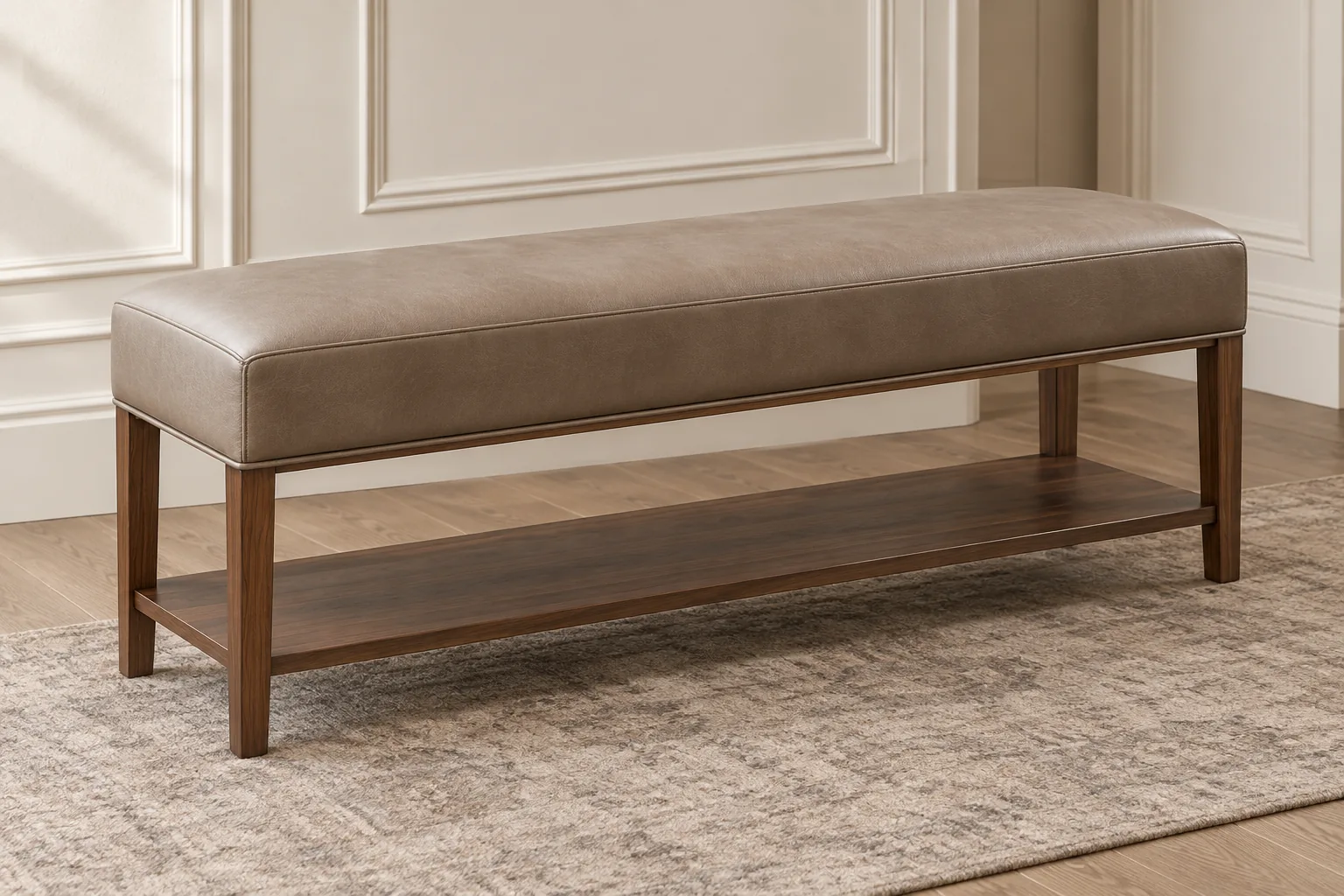 Taupe leather bench with an open timber shelf beneath the seat