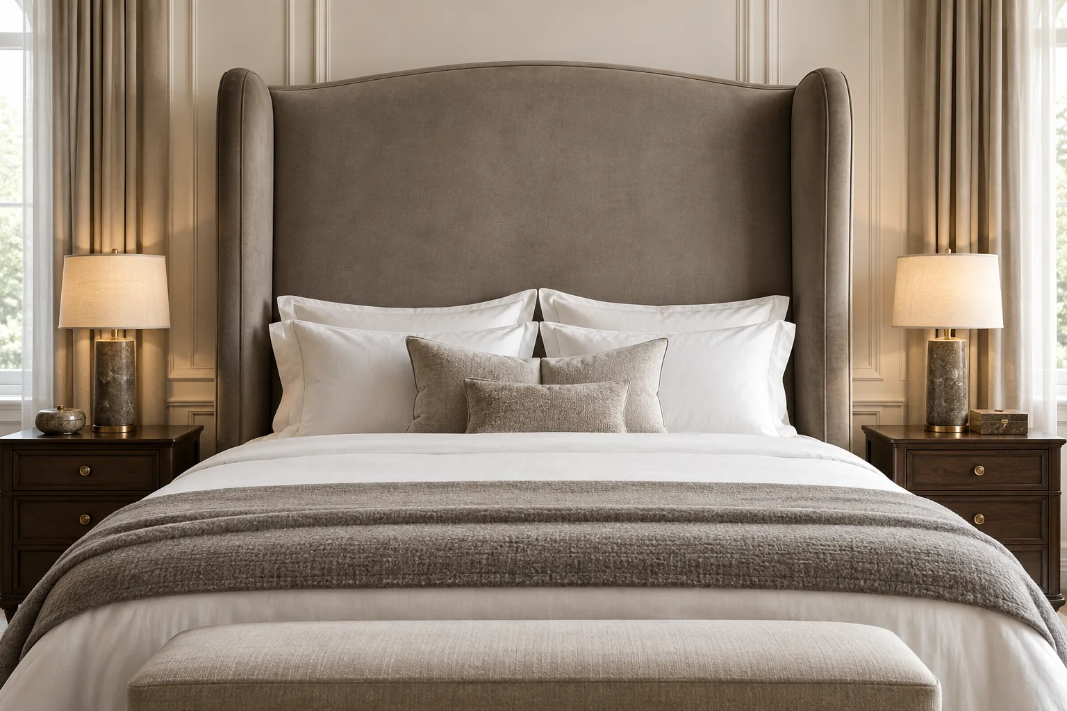 Taupe leather wingback headboard with a plain face and rolled wings