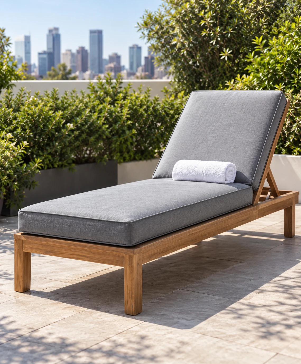 Teak chaise lounge with a long grey cushion on a terrace above the skyline