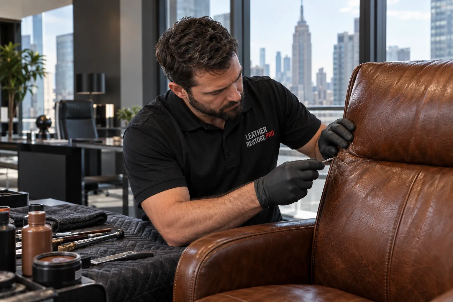 A technician working colour into a scuffed leather chair back