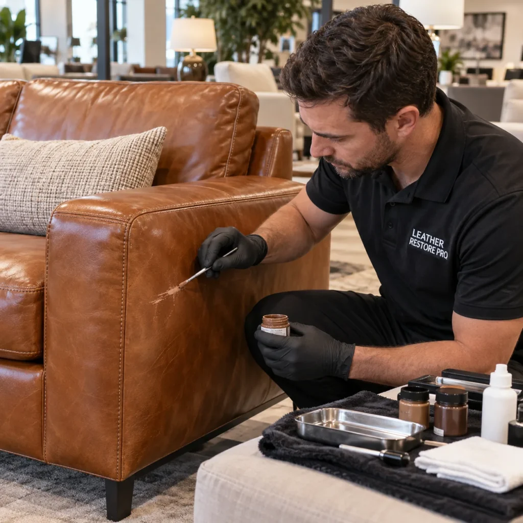 Technician repairing the arm of a cognac leather sofa