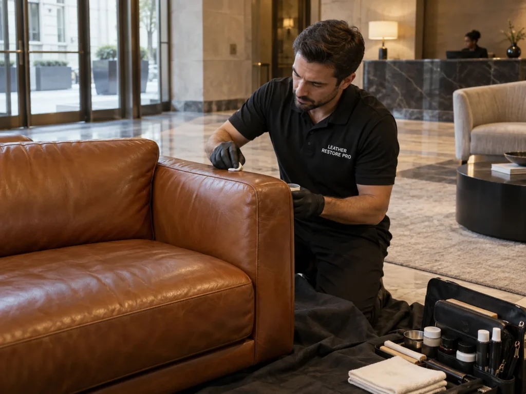 Technician repairing the arm of a leather lobby sofa