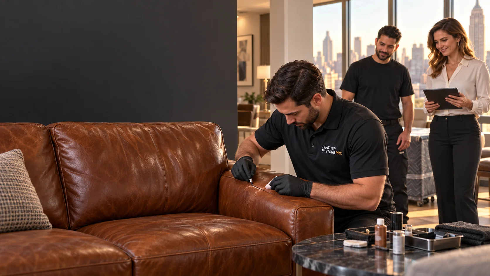 Leather restoration jobs: a Leather Restore PRO technician repairing a leather sofa while clients look on