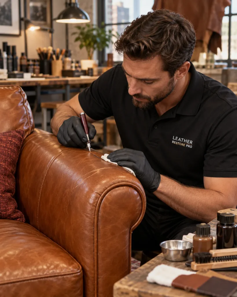 Technician refinishing the arm of a leather staging sofa