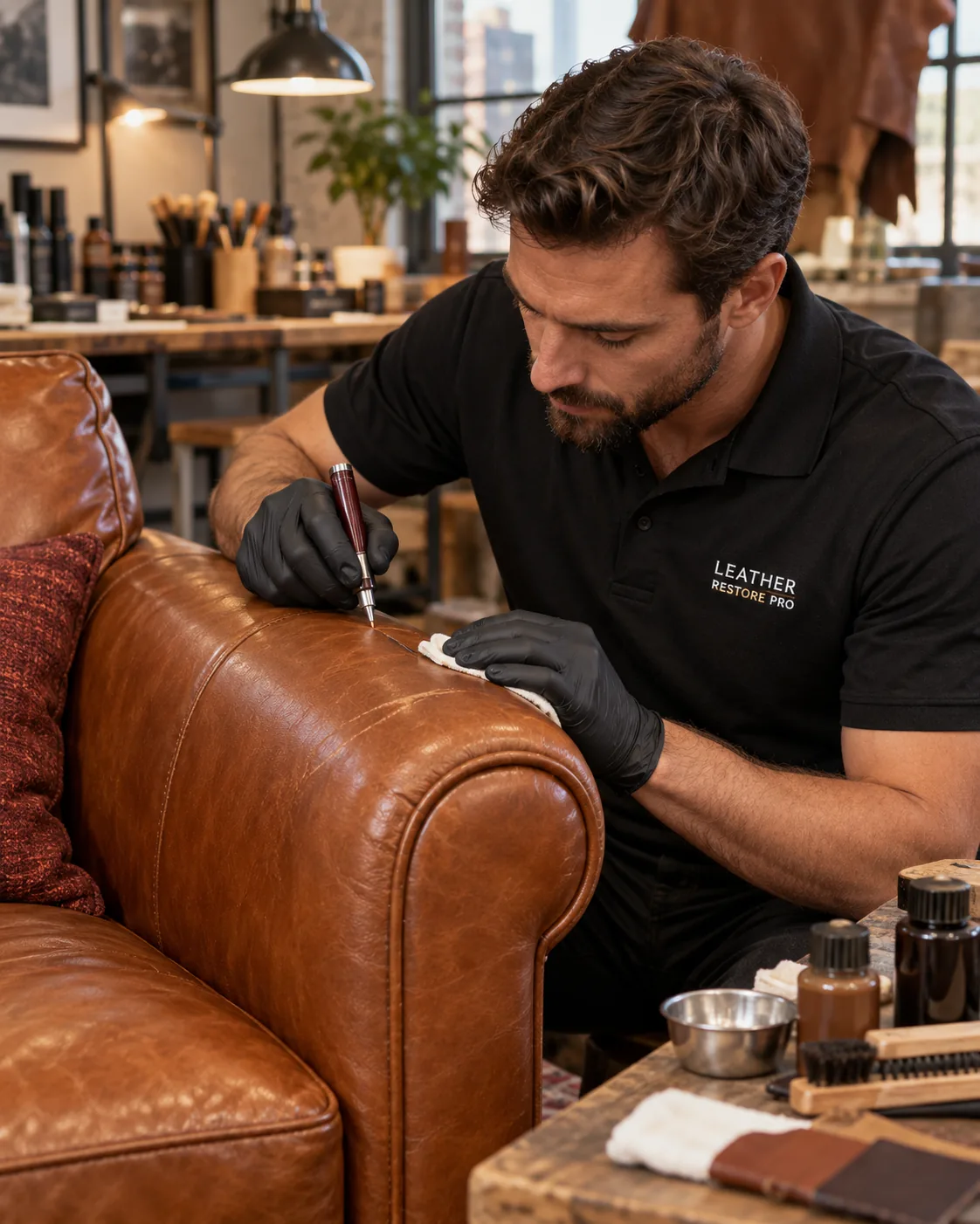 Technician repairing a leather sofa arm
