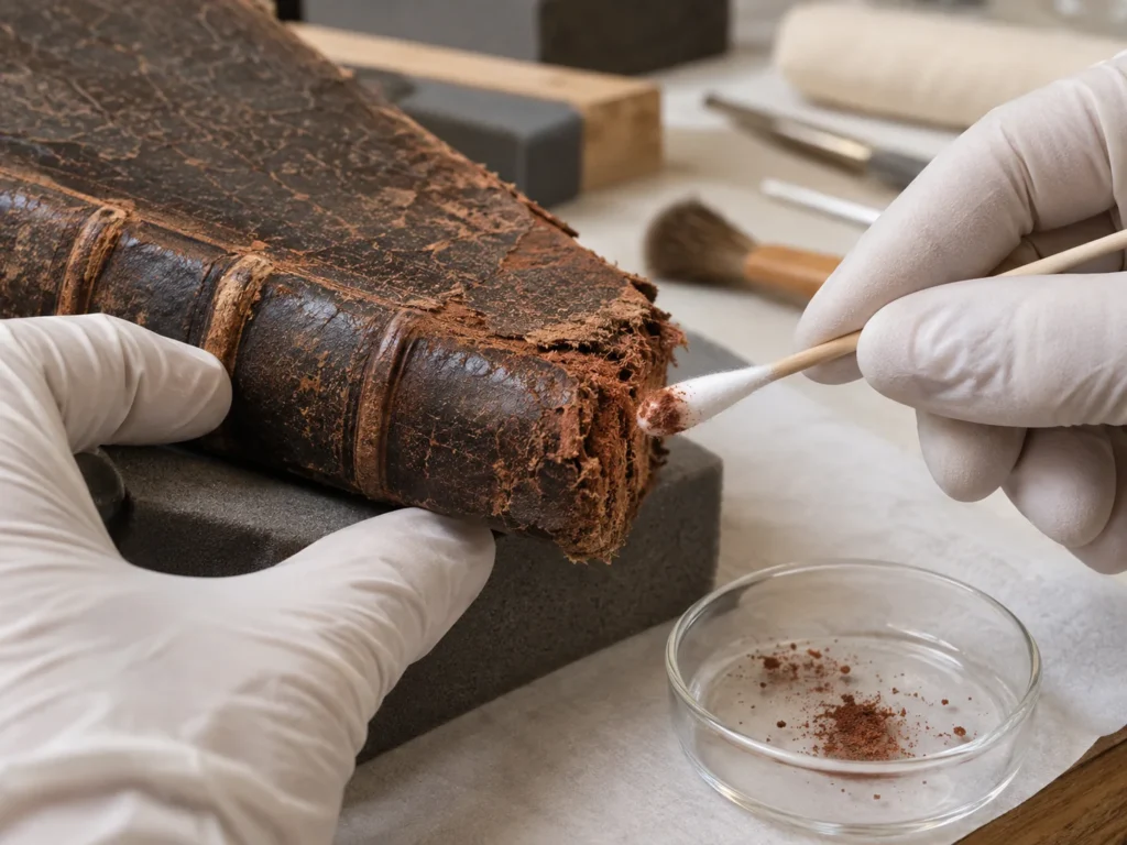 Swab test for red rot on the edge of old leather
