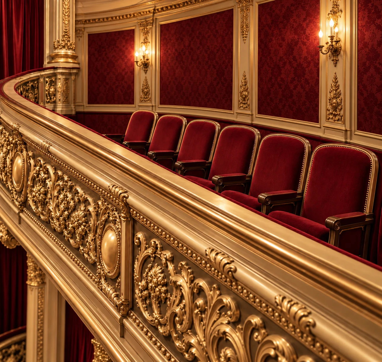 Gilded theater balcony box with red velvet seating
