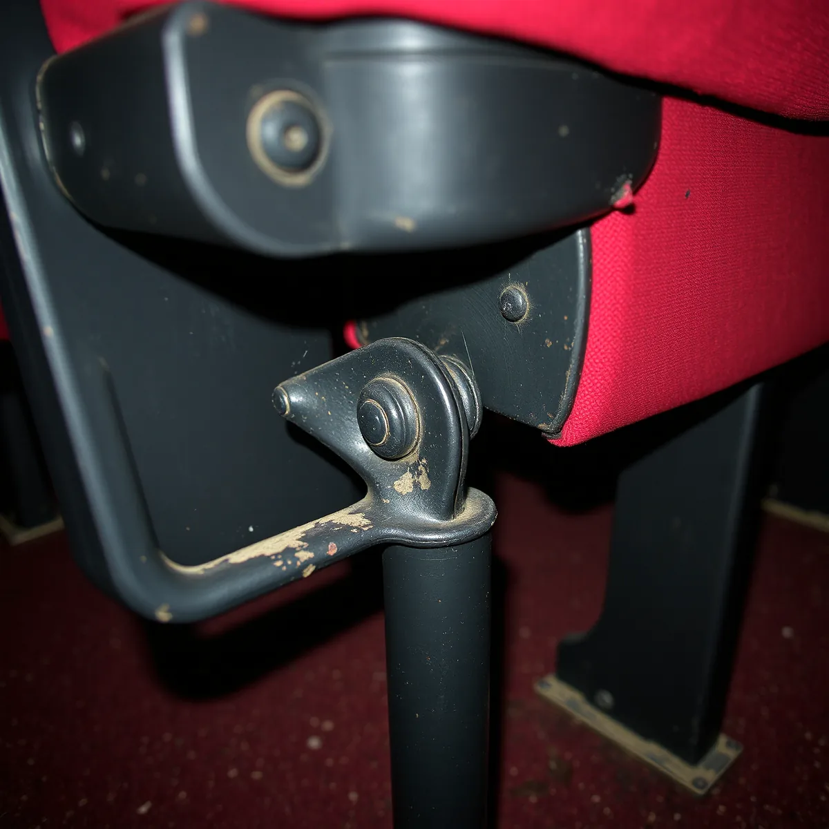 Close view of the cast iron pivot hinge where a theatre seat bottom meets its upright standard, worn dark painted metal