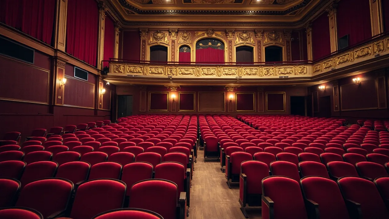 Empty historic theatre auditorium seen from the side aisle, rows of deep red upholstered seats on a raked floor below an ornate balcony