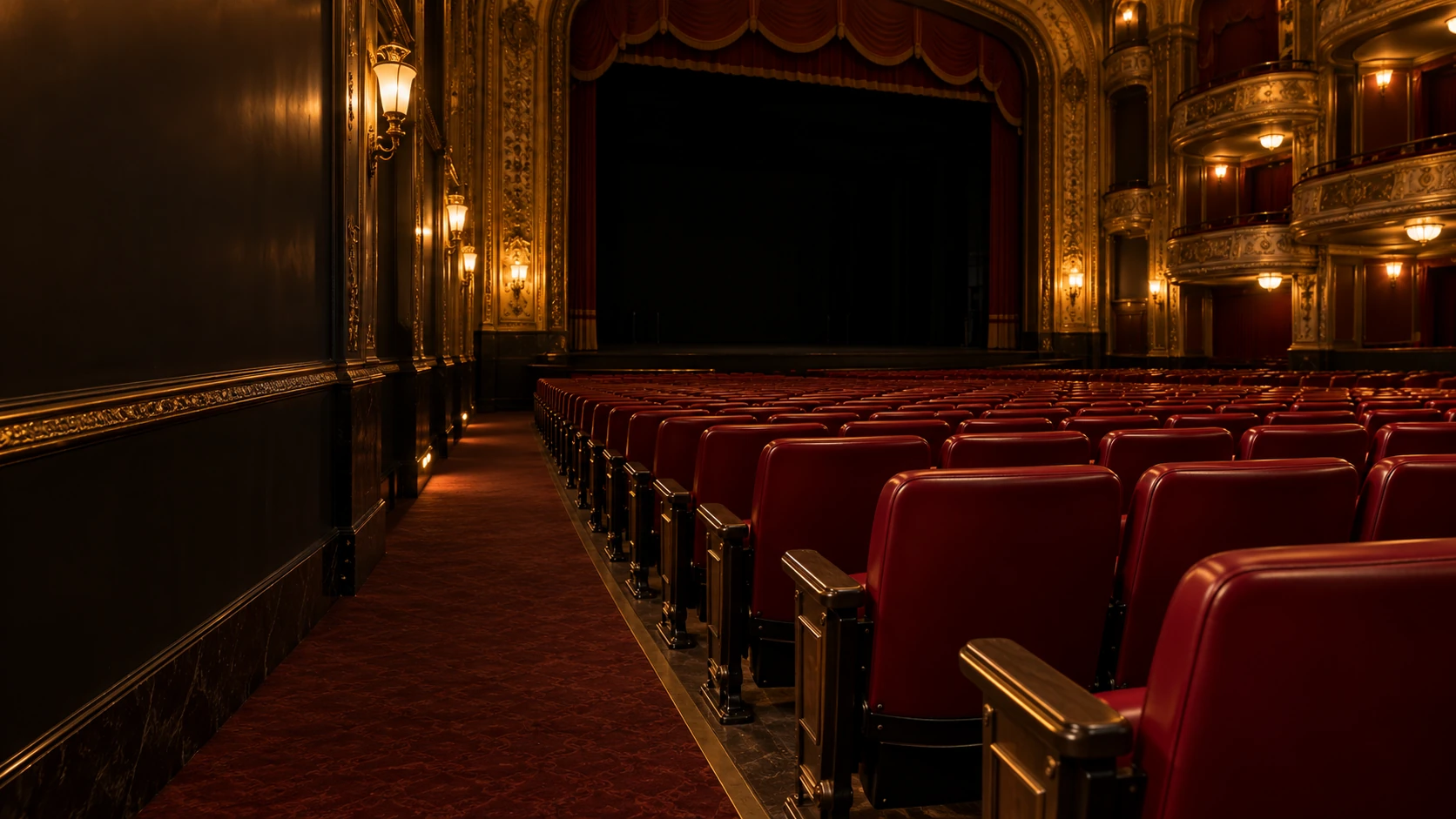 A theater house in the evening with the lights up before doors