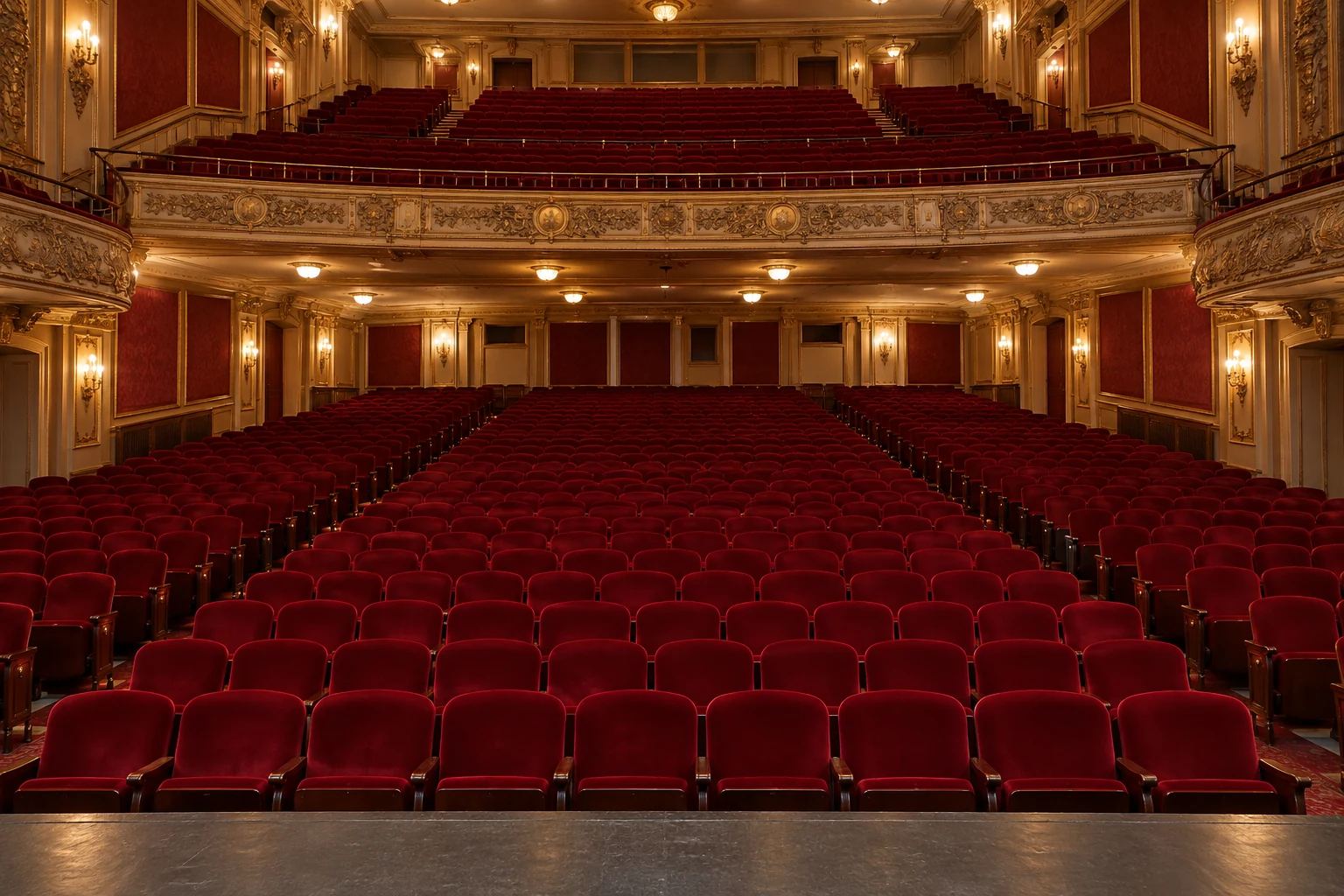 A theater house of red velvet seating seen from the stage