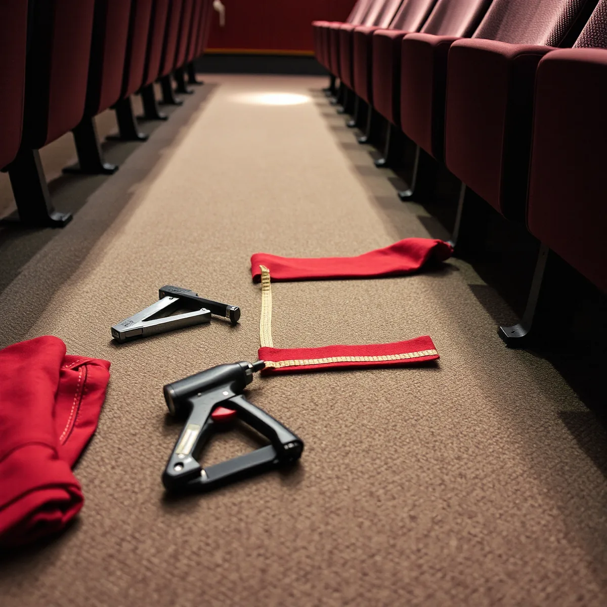 Upholstery hand tools, a staple gun and a folded piece of red cloth laid out on the aisle carpet beside a row of fixed theatre seats