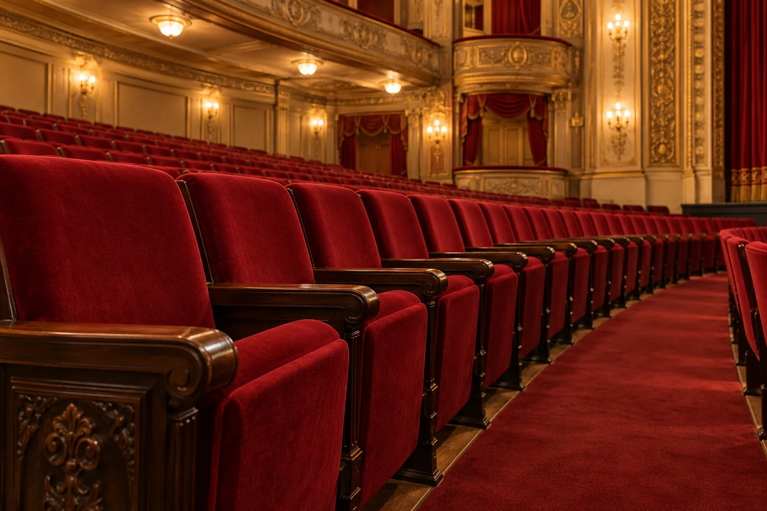 A row of red velvet theater seating receding toward the stage