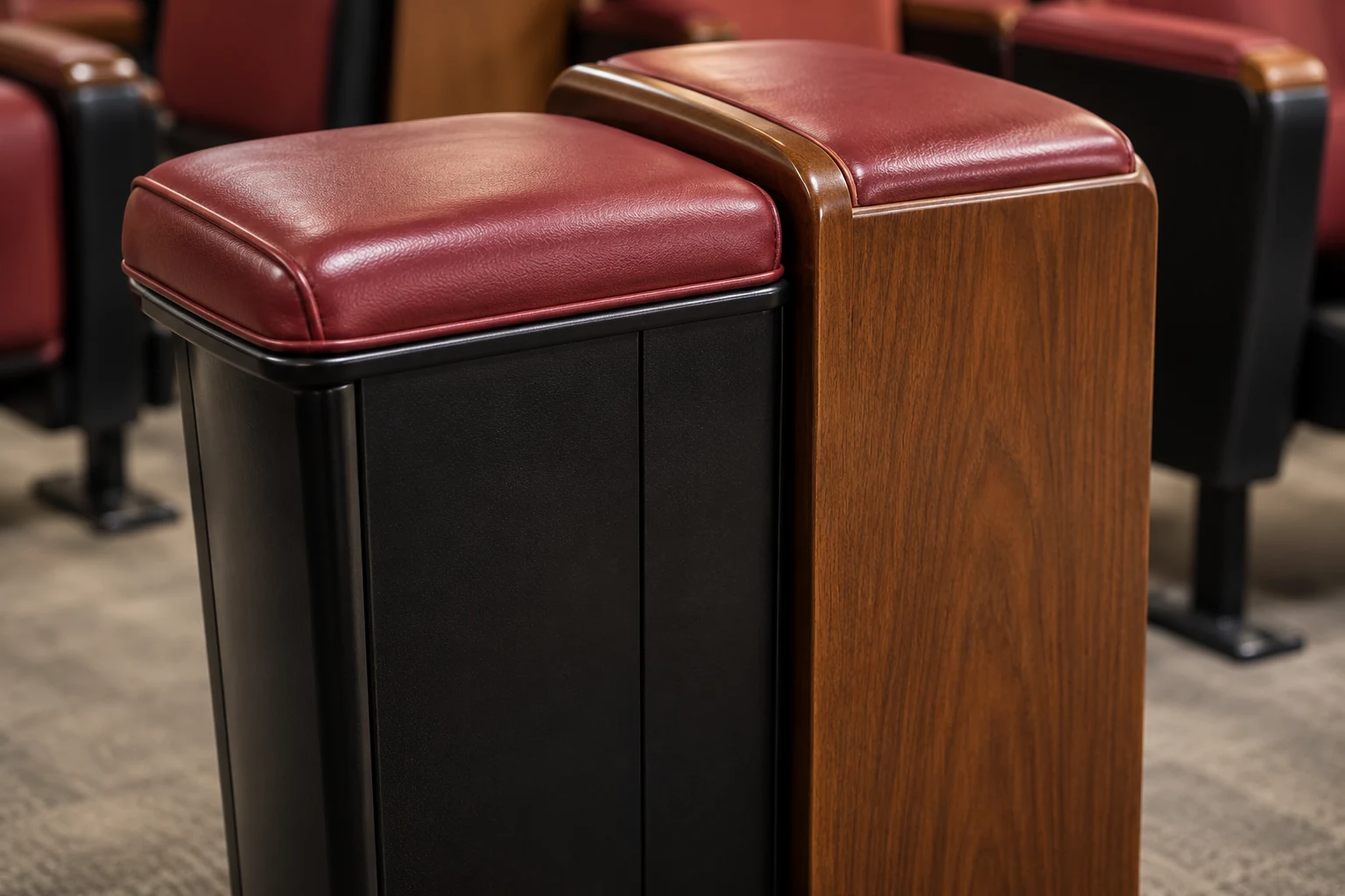 Theater seats with red leather arm caps beside a wood aisle end panel