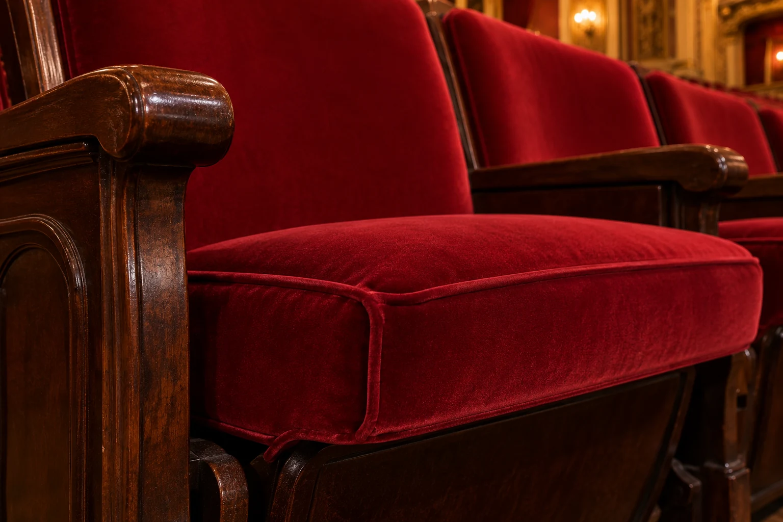 Close view of a theater seat arm and cushion