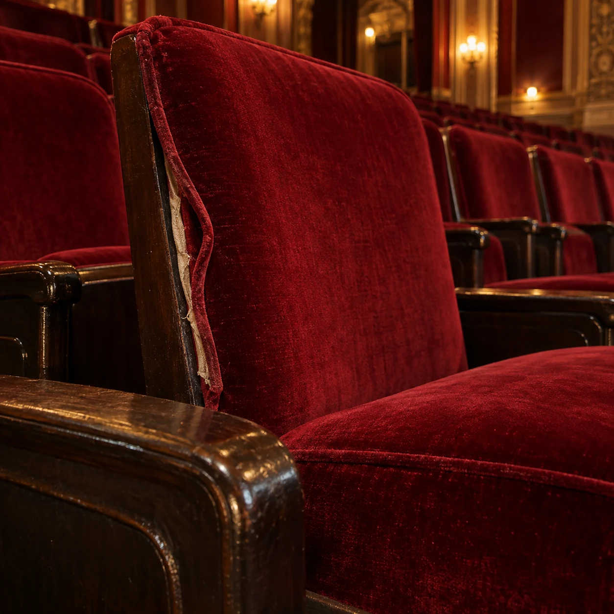 A split seam on a theater seat back