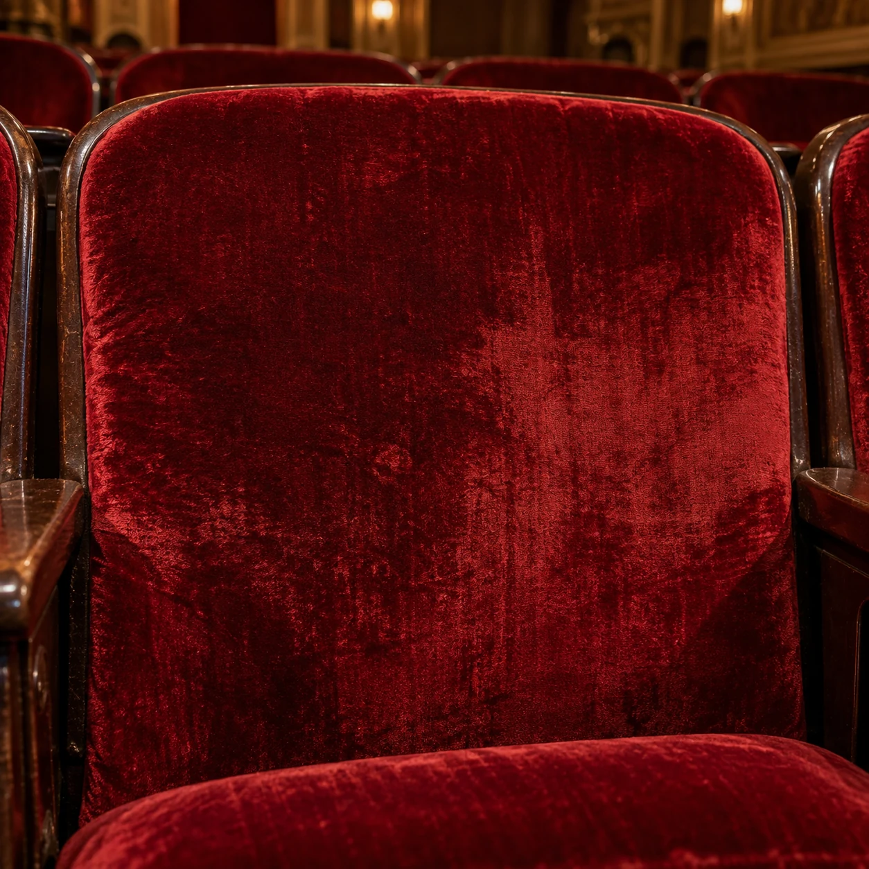 Shiny worn velvet on a theater seat back