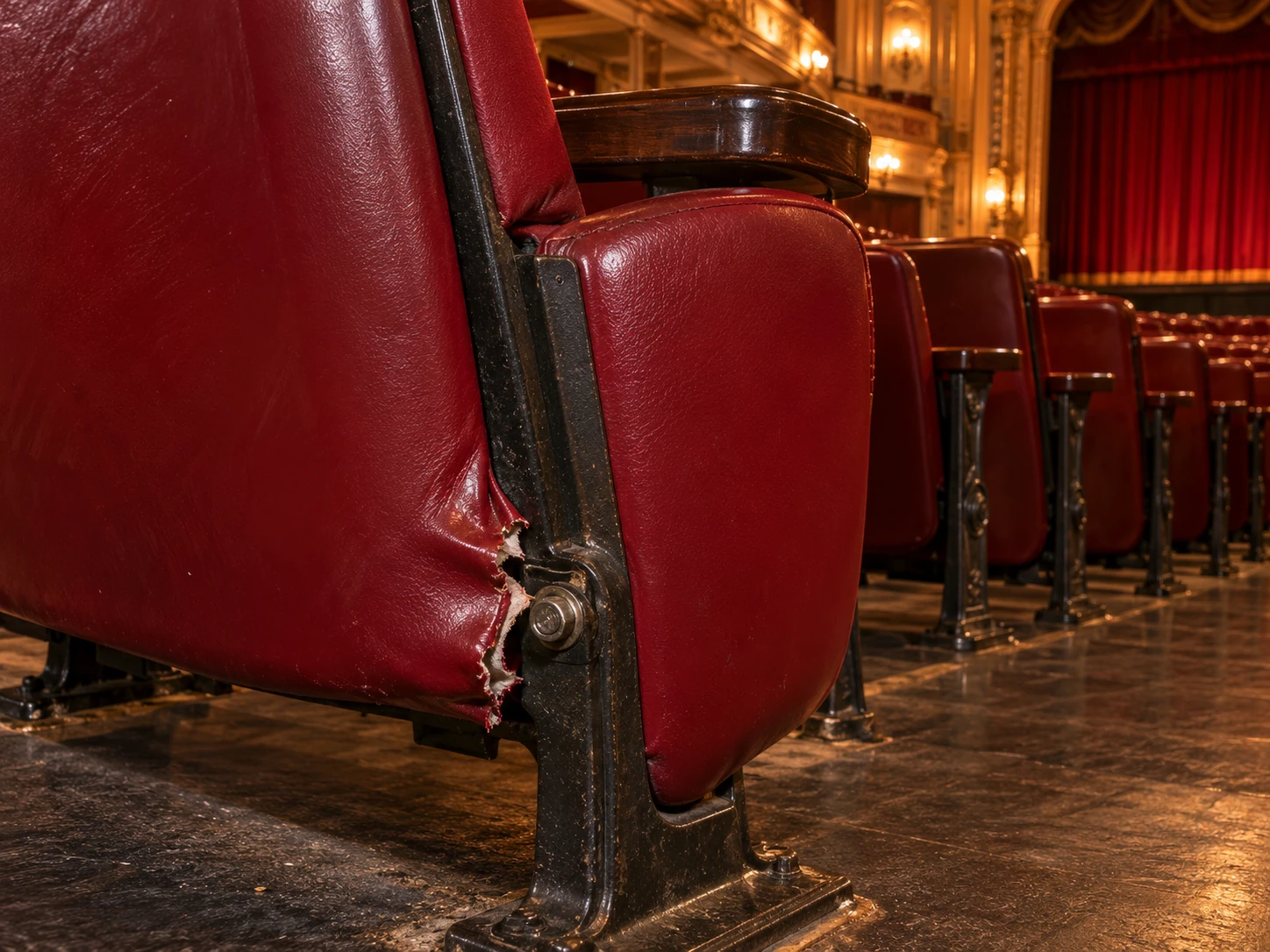 A tear where a theater seat cover meets the frame