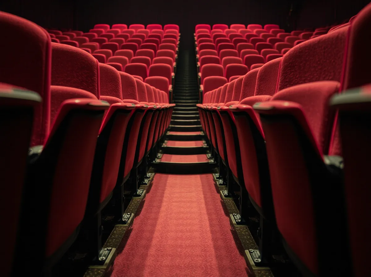 The open walkway between two rows of red theatre seats, the seat bottoms tipped up so the gap between the rows is left clear