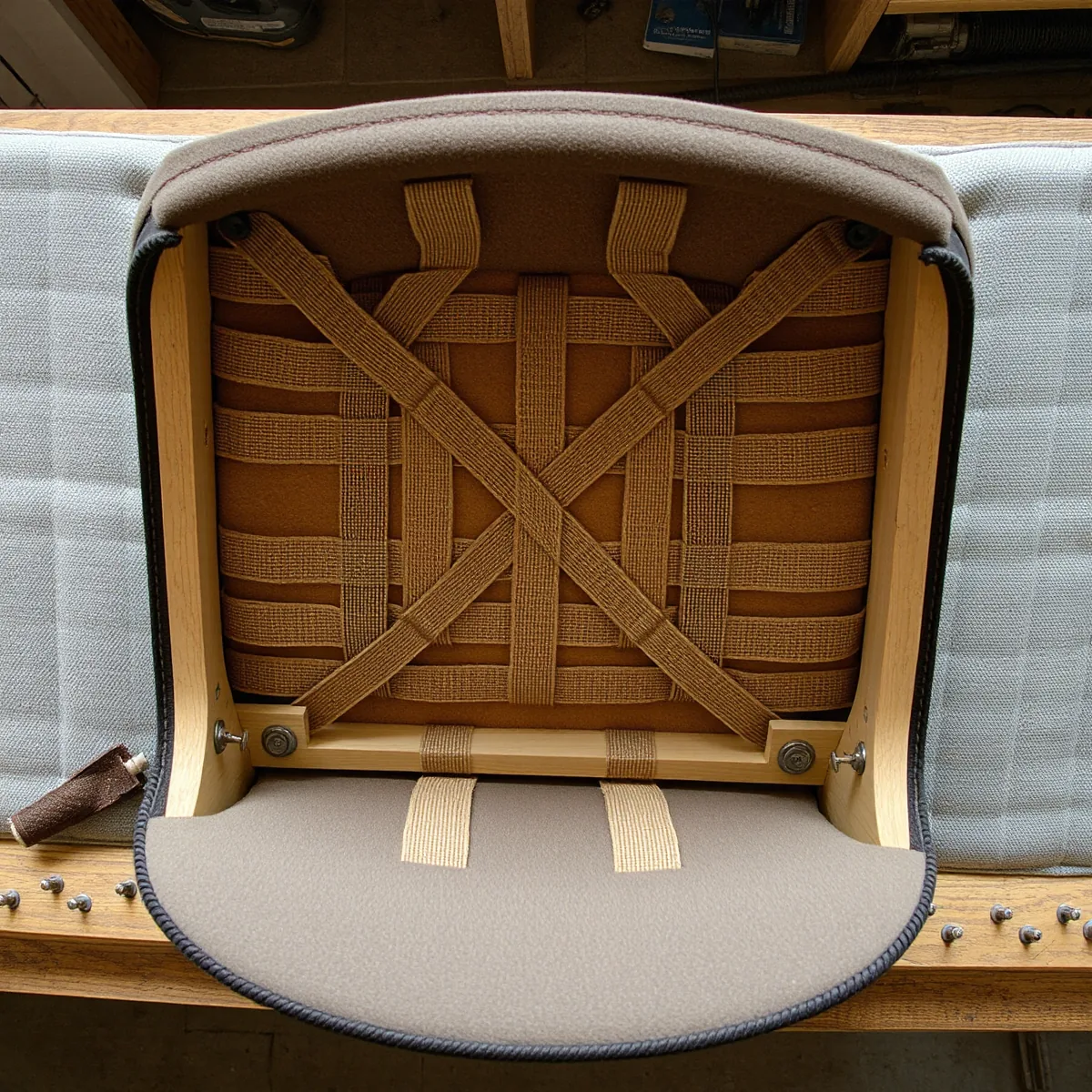 A single theatre seat bottom lifted off its cast iron standard and lying upside down on a padded workbench, webbing and staples across its underside