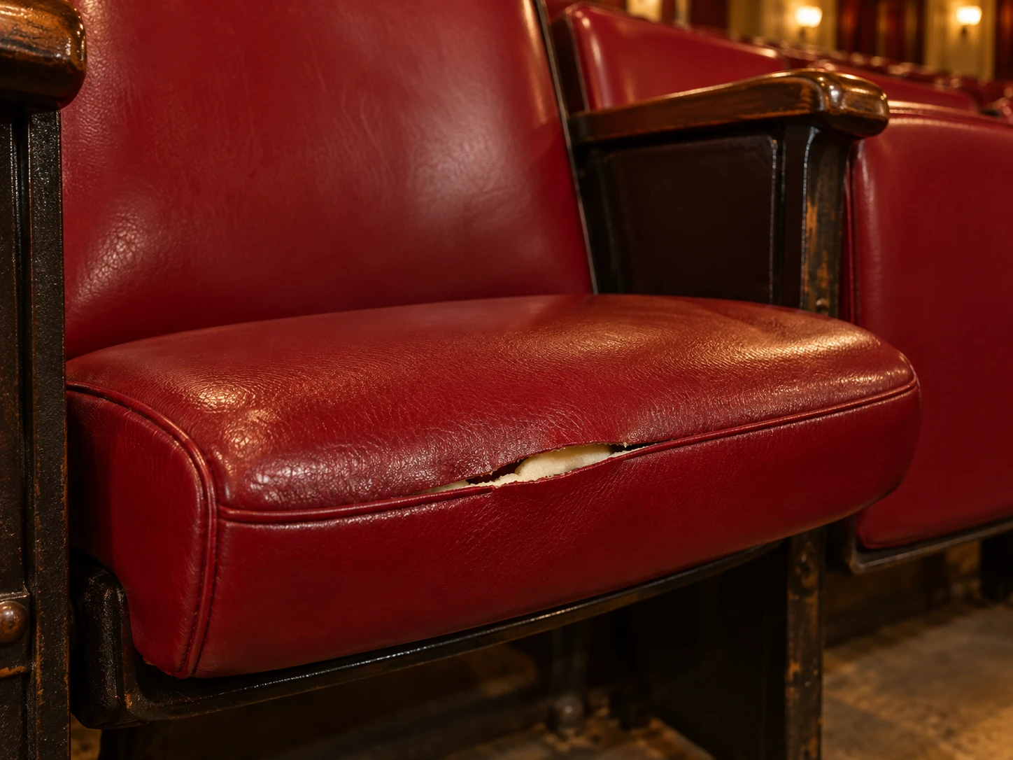 A split vinyl seat pan on a theater seat
