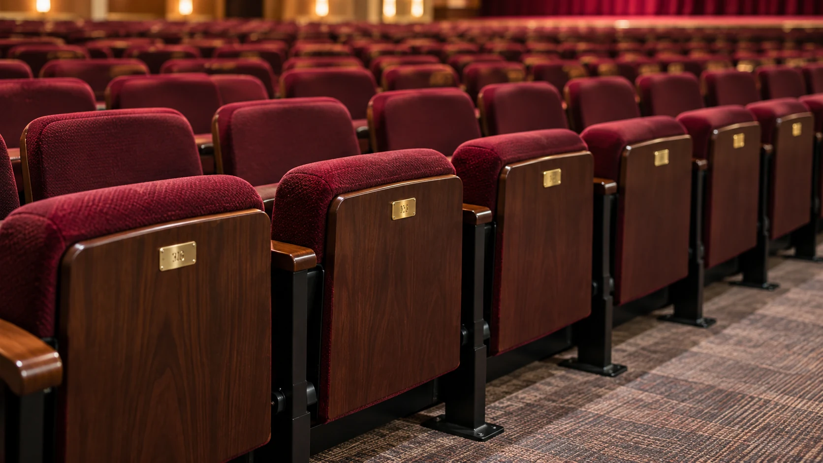 Wood aisle end panels on a row of theater seats, each carrying a brass seat number plate