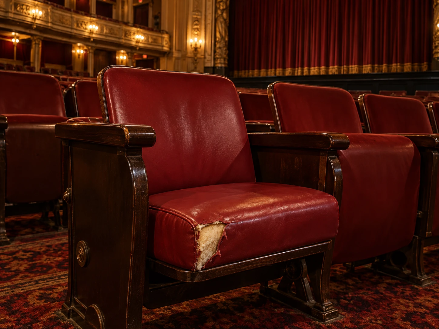 A theater seat before repair