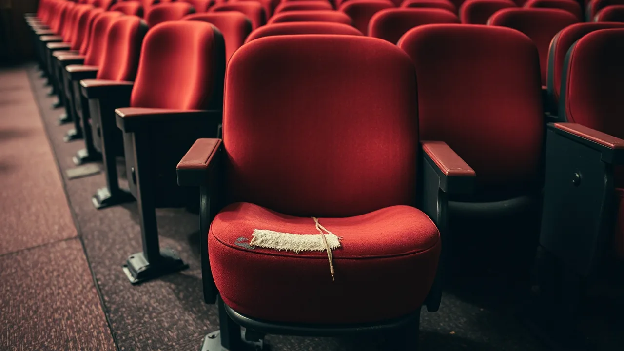 A single worn deep red theatre seat with a split seam in the middle of a row of fixed auditorium seats on a raked floor