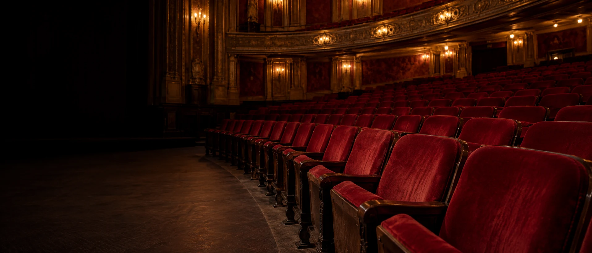Theater seating reupholstery NYC: a house of red velvet seating before doors