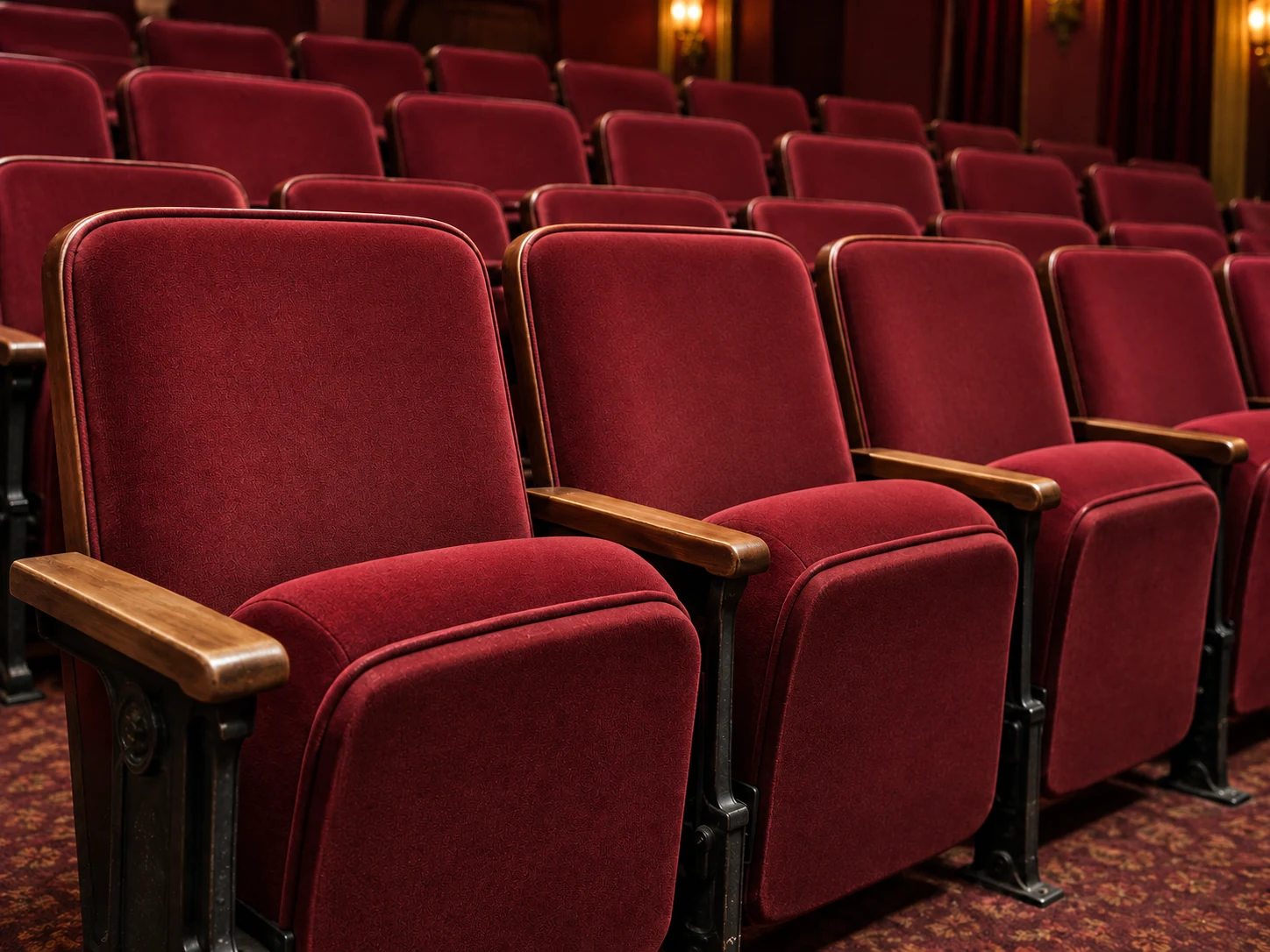 The same theater seats recovered in deep red velvet