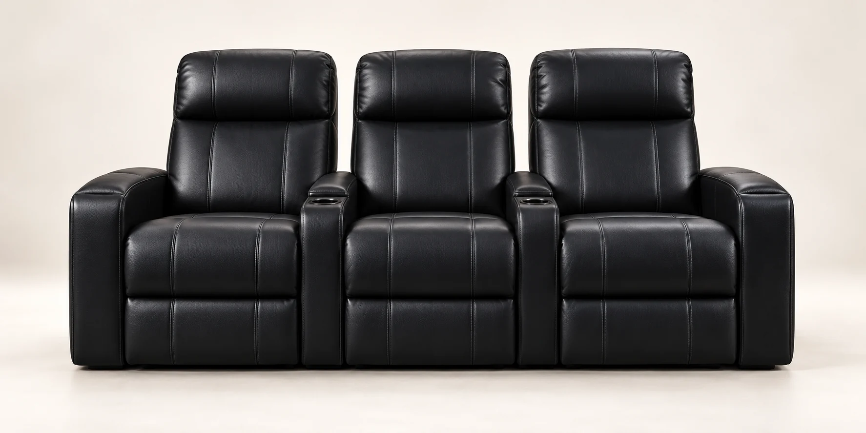 Three-seat straight home theater row in black leather with two consoles