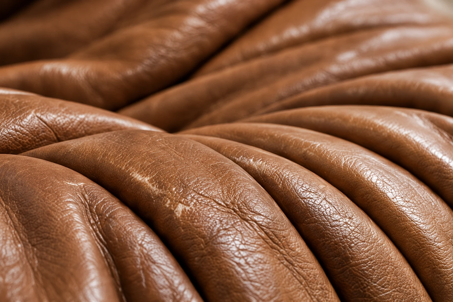 The quilted pleats and folds of a tan Togo leather sofa