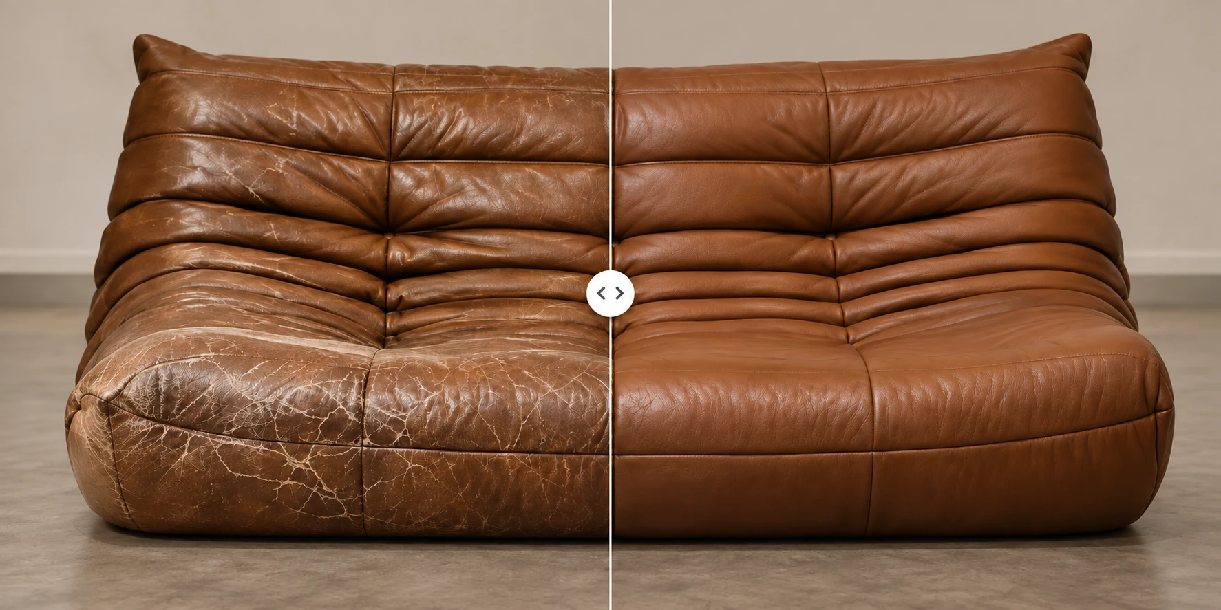 Cognac Togo sofa before and after Ligne Roset leather repair