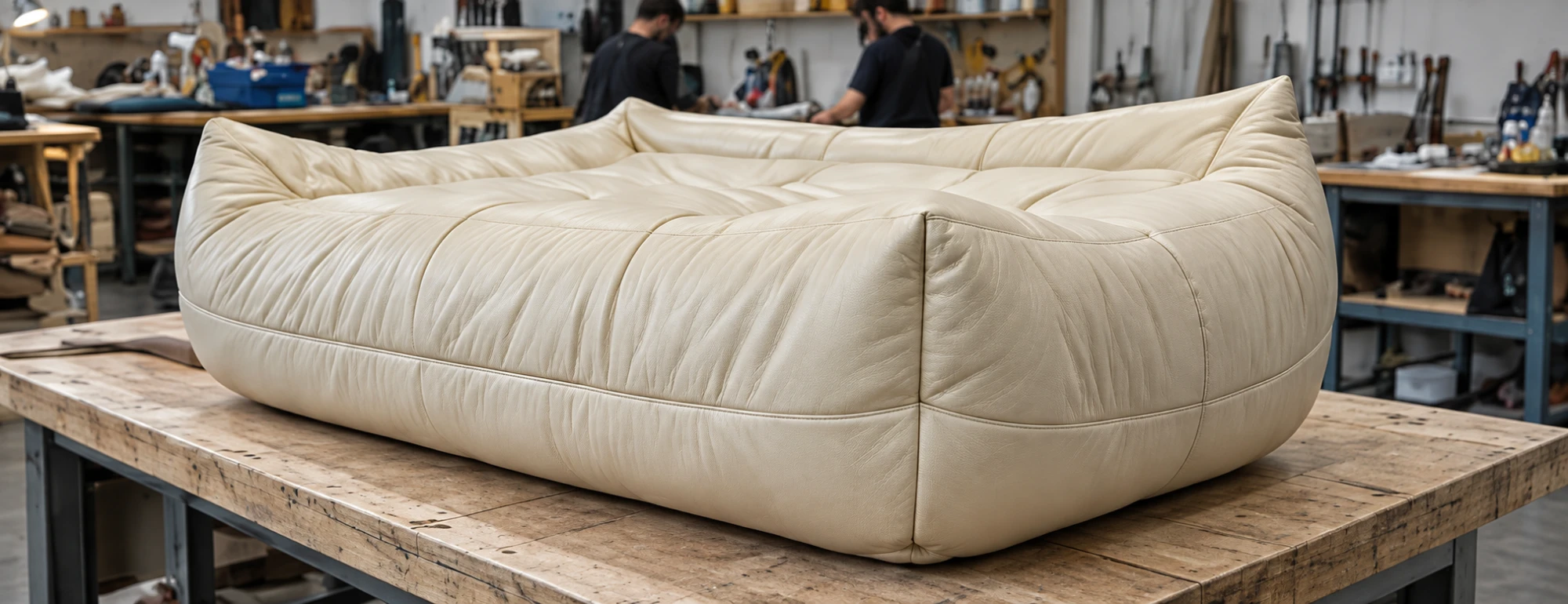Cream Togo sofa on a workshop bench